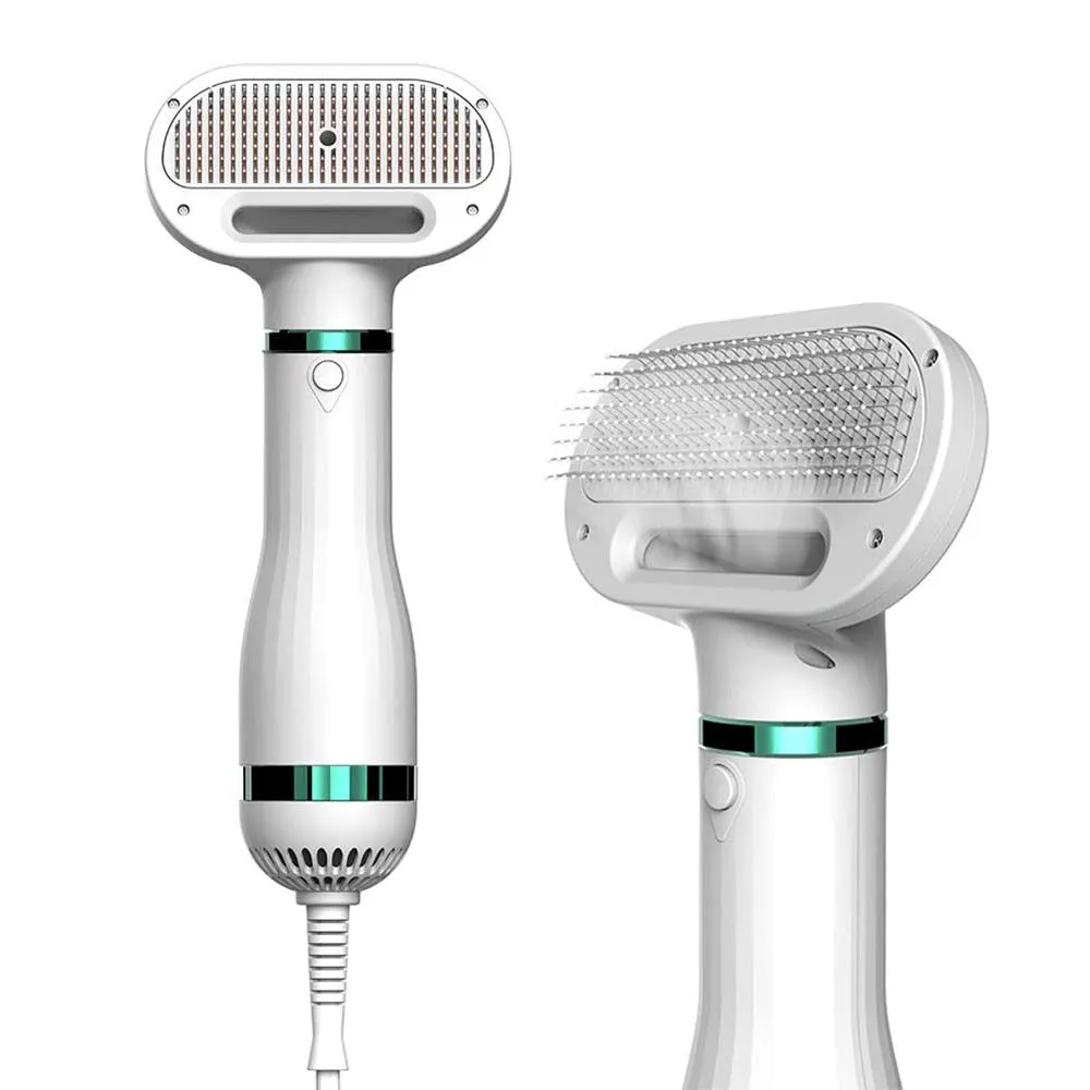 White 2-in-1 pet comb hair dryer with ergonomic handle and stainless steel needle comb