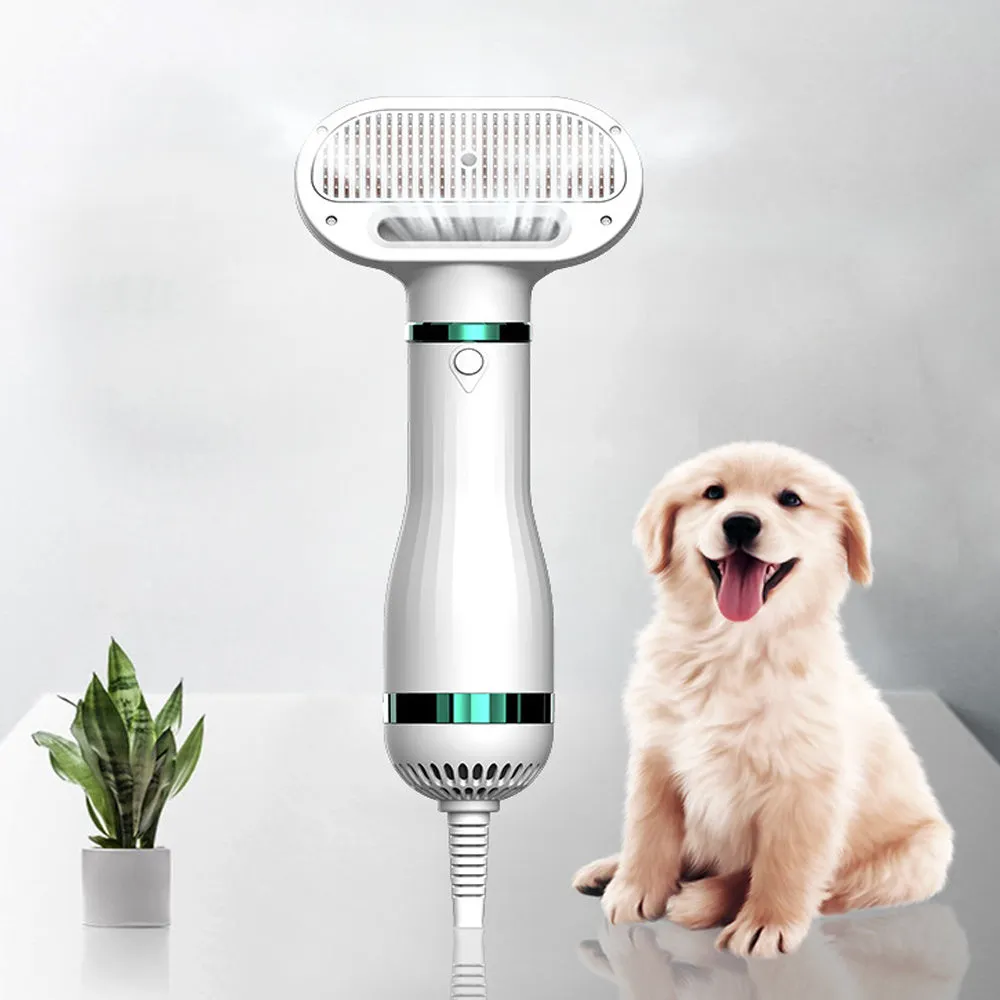 White 2-in-1 pet comb hair dryer with ergonomic handle and stainless steel needle comb