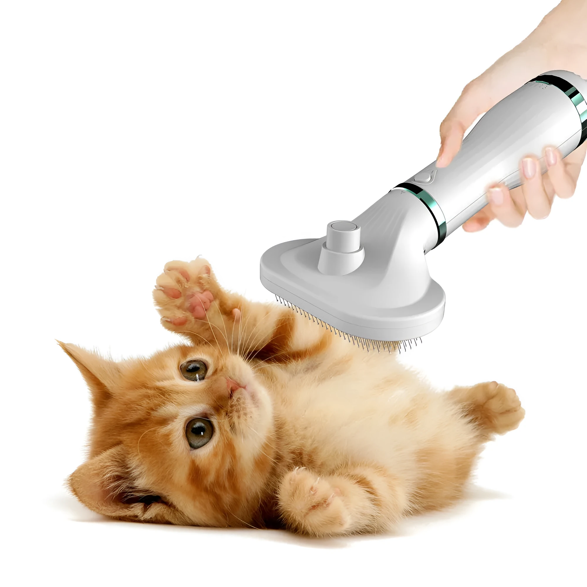 White 2-in-1 pet comb hair dryer with ergonomic handle and stainless steel needle comb