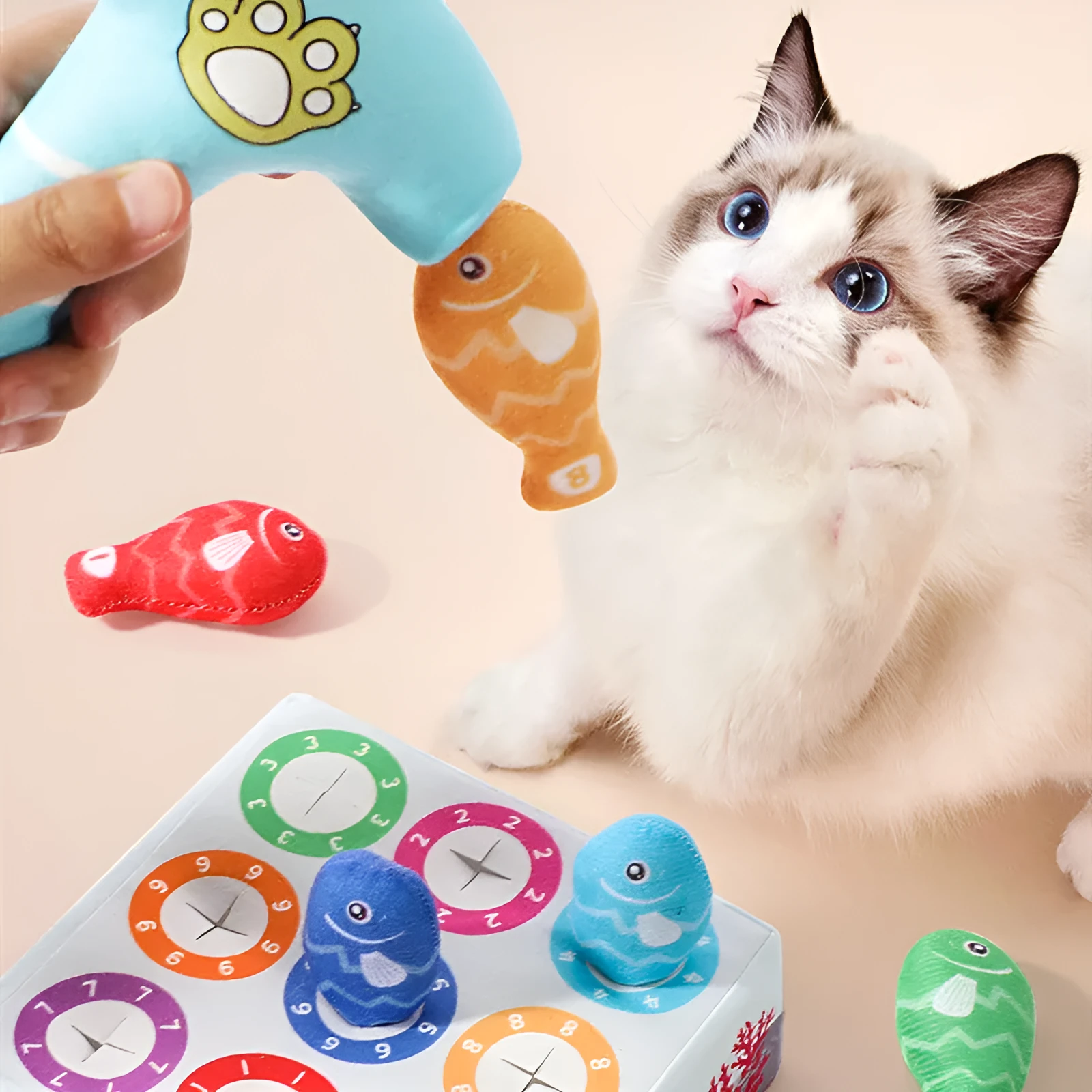 Sky blue plush simulated fish cat toy with realistic animal pattern on a neutral background.