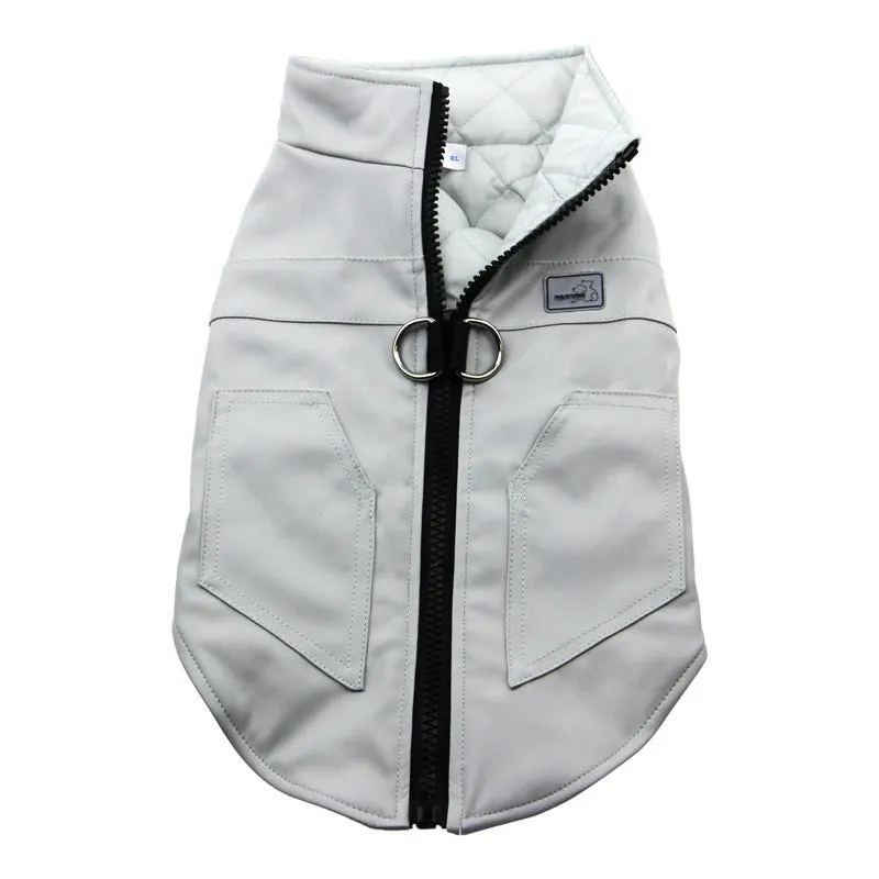 Grey leather winter vest for dogs and cats with casual style and adjustable fit