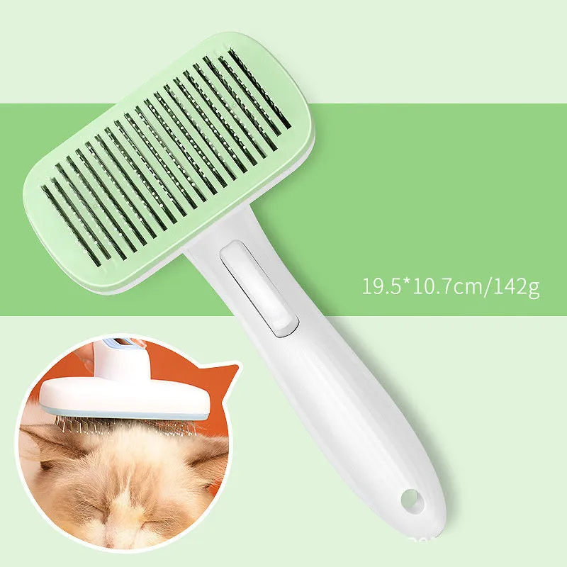 Automatic pet hair removal comb for dogs and cats showing colour options and compact size
