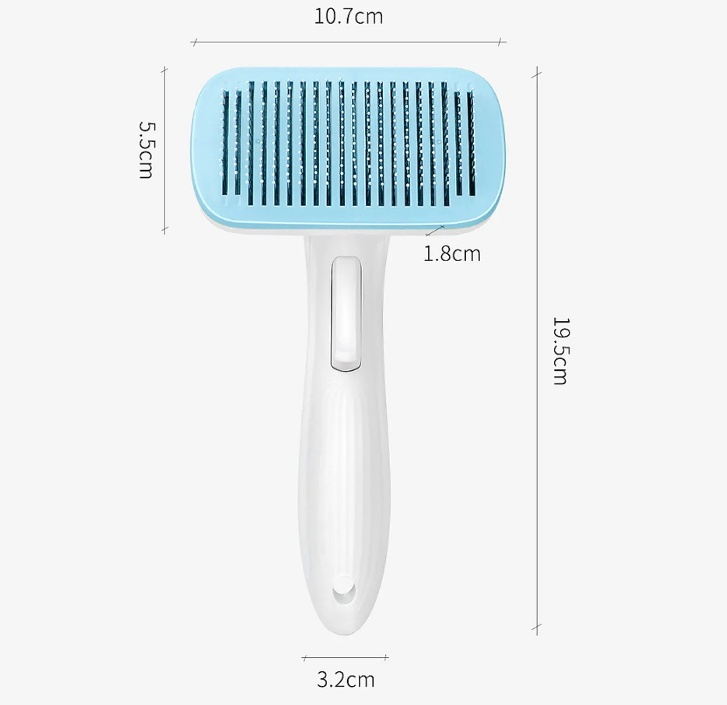Automatic pet hair removal comb for dogs and cats showing colour options and compact size