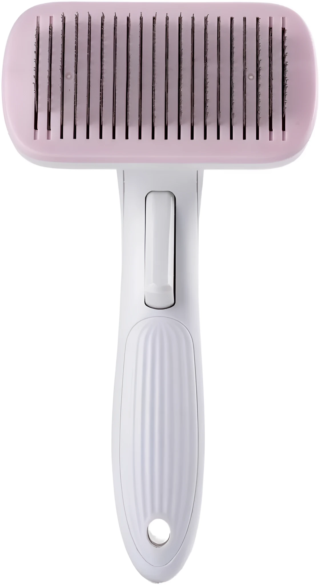 Automatic pet hair removal comb for dogs and cats showing colour options and compact size