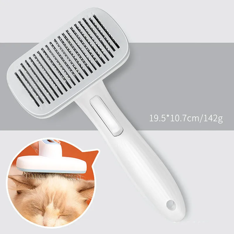 Automatic pet hair removal comb for dogs and cats showing colour options and compact size