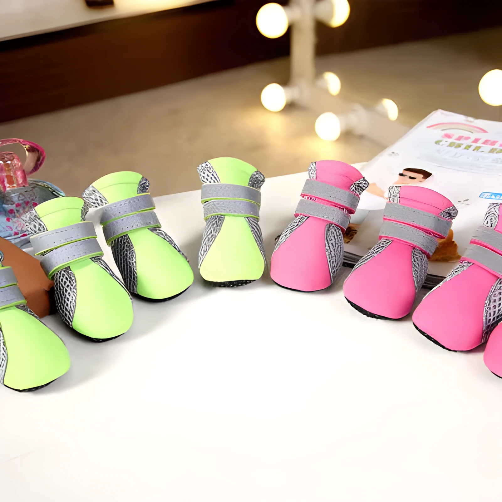 Teddy dog shoes with reflective double magic wand closure, rubber sole, and breathable mesh in black, pink and green colours