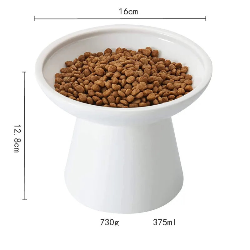 Ceramic elevated cat food bowl in blue colour with wide shallow design