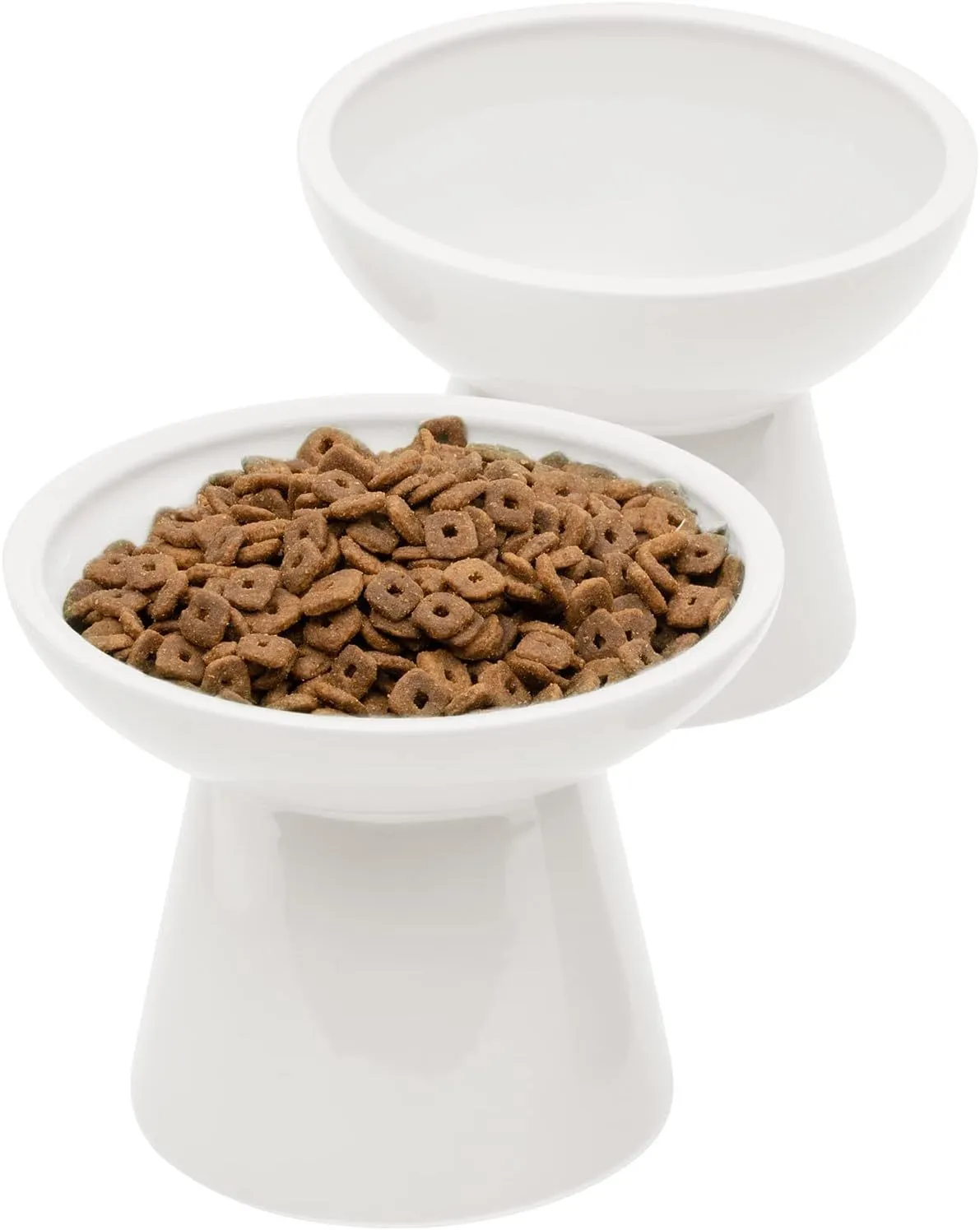 Ceramic elevated cat food bowl in blue colour with wide shallow design