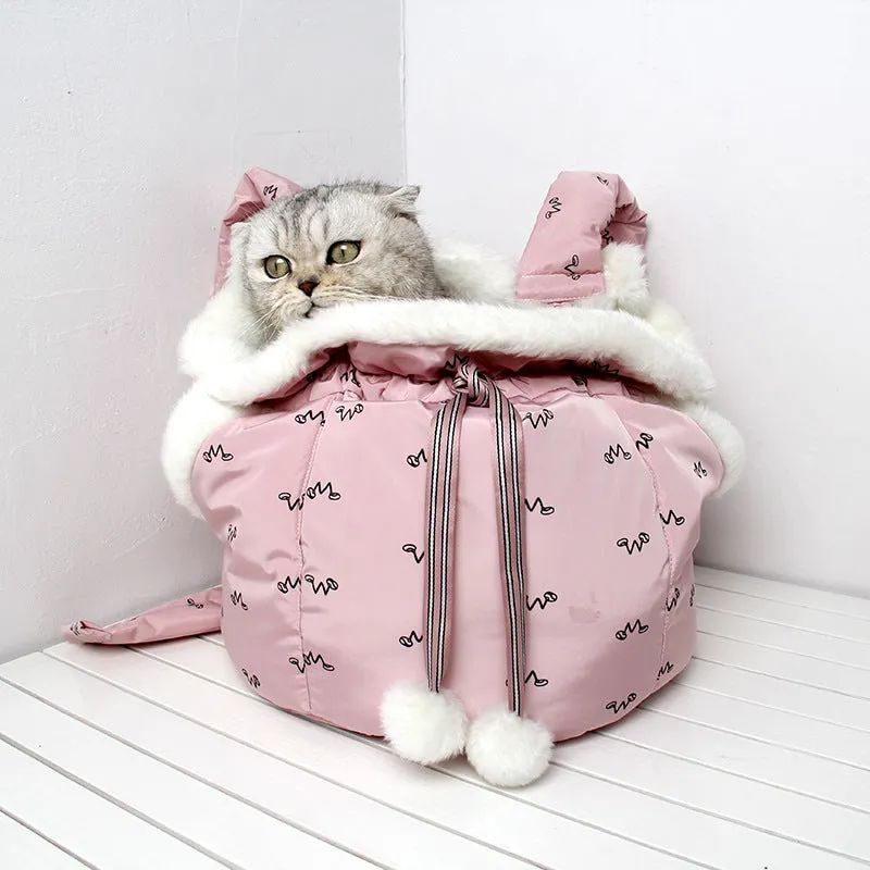 Winter pets carrier backpack in blue flannel with open design for cats and dogs outdoor travel