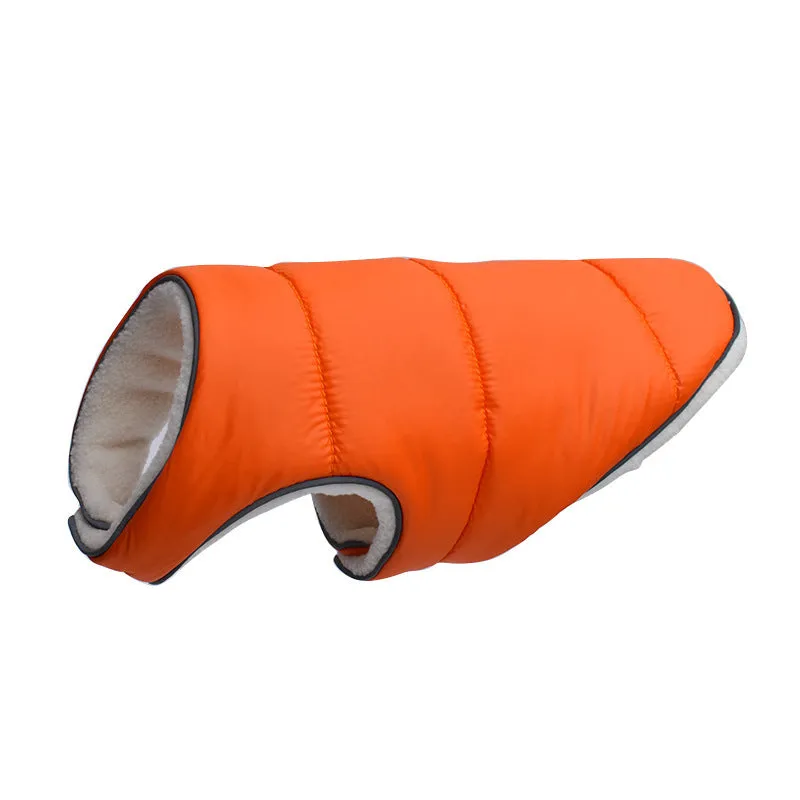 Reflective warm dog jacket in orange fleece material with reflective strip