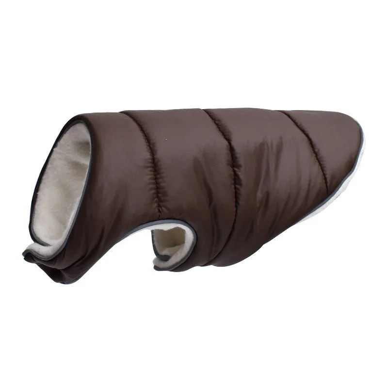 Reflective warm dog jacket in orange fleece material with reflective strip