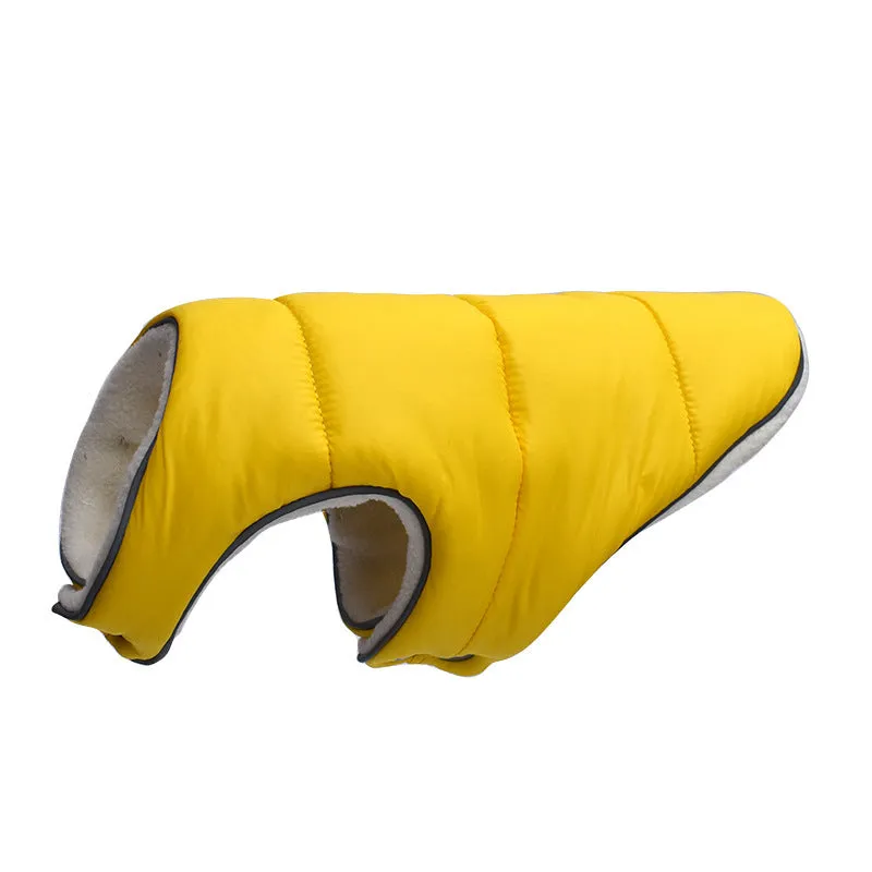 Reflective warm dog jacket in orange fleece material with reflective strip