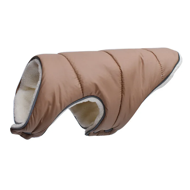 Reflective warm dog jacket in orange fleece material with reflective strip