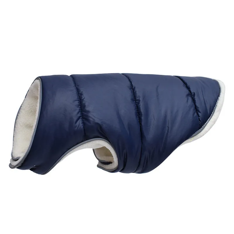 Reflective warm dog jacket in orange fleece material with reflective strip