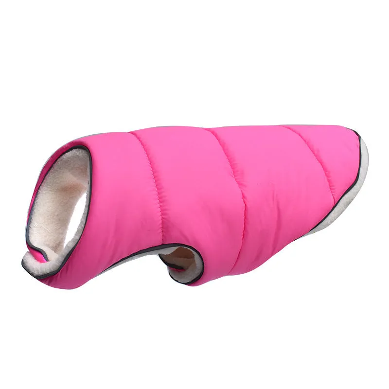 Reflective warm dog jacket in orange fleece material with reflective strip