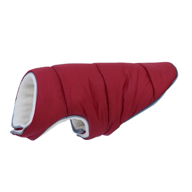 Reflective warm dog jacket in orange fleece material with reflective strip