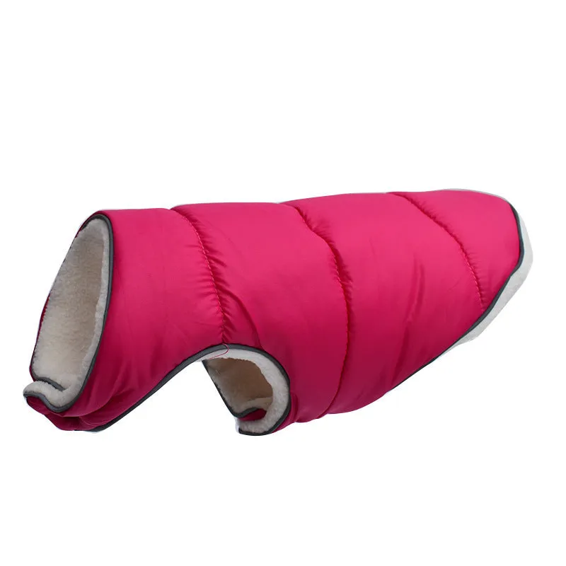 Reflective warm dog jacket in orange fleece material with reflective strip