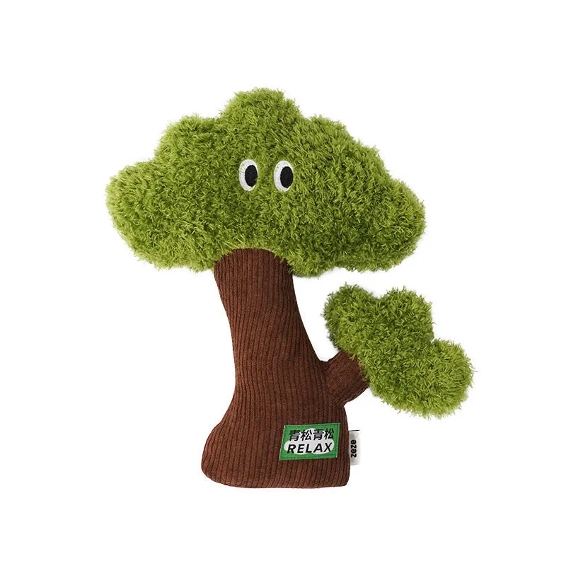 Pine tree shaped fabric cat toy pendant with catnip, shown in three sizes.