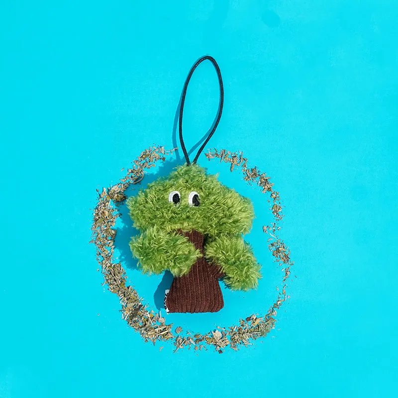 Pine tree shaped fabric cat toy pendant with catnip, shown in three sizes.