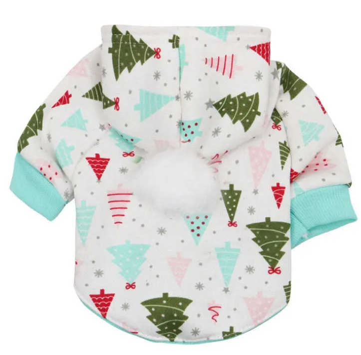 Fleece pet clothes in festive Christmas tree pattern for small dogs and cats, available in sizes XS to L
