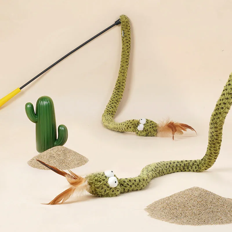 Green extendable cat teaser stick with feather attachment measuring 140cm long
