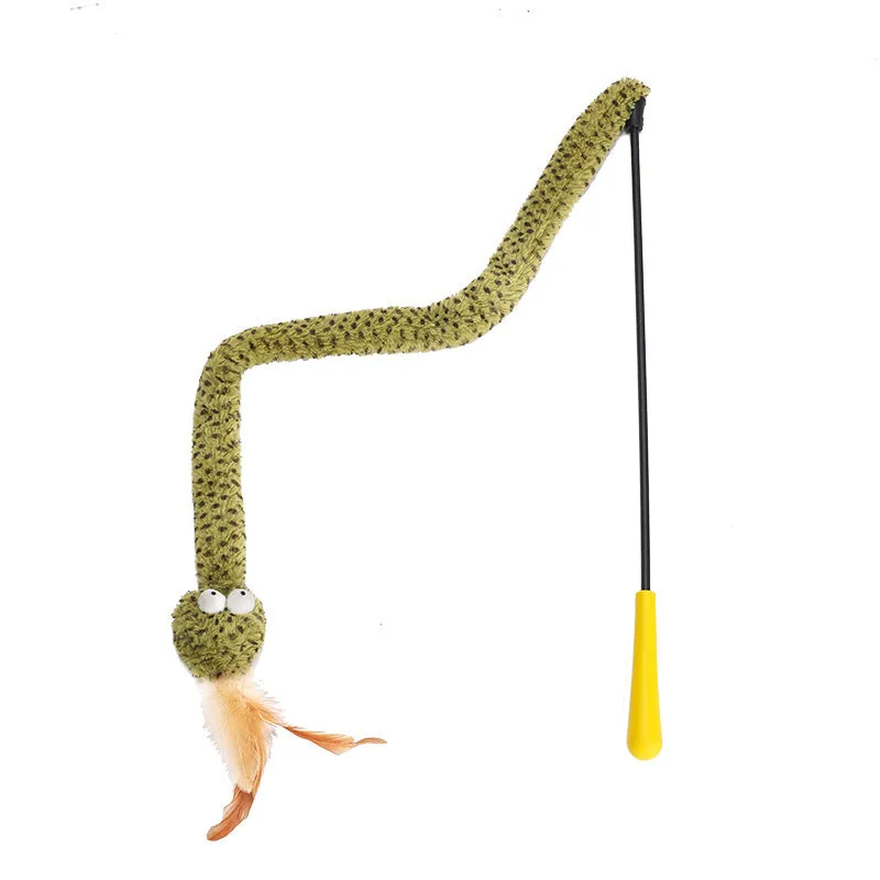 Green extendable cat teaser stick with feather attachment measuring 140cm long