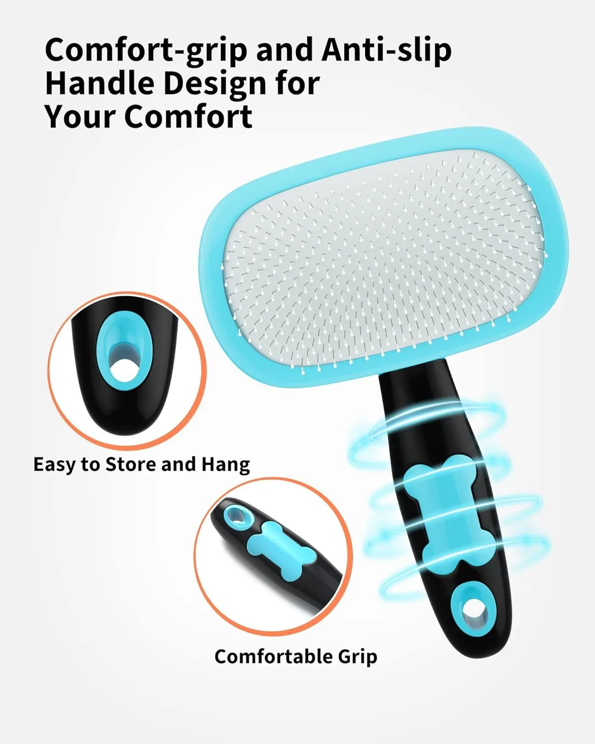 Blue large rectangular pet grooming brush with stainless steel bristles and rubber handle on white background