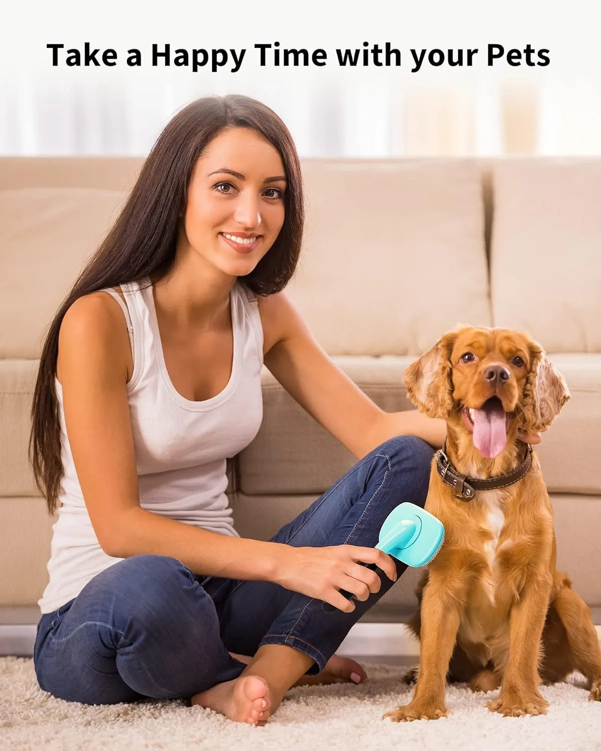 Blue large rectangular pet grooming brush with stainless steel bristles and rubber handle on white background