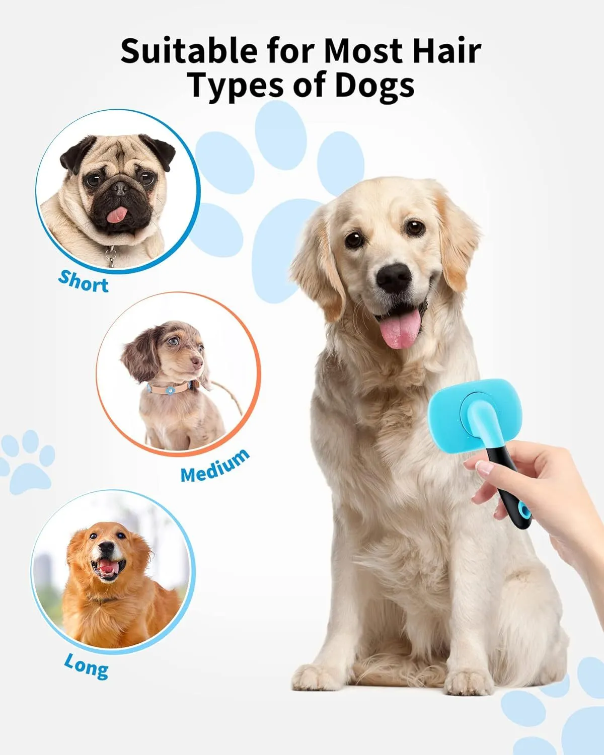 Blue large rectangular pet grooming brush with stainless steel bristles and rubber handle on white background