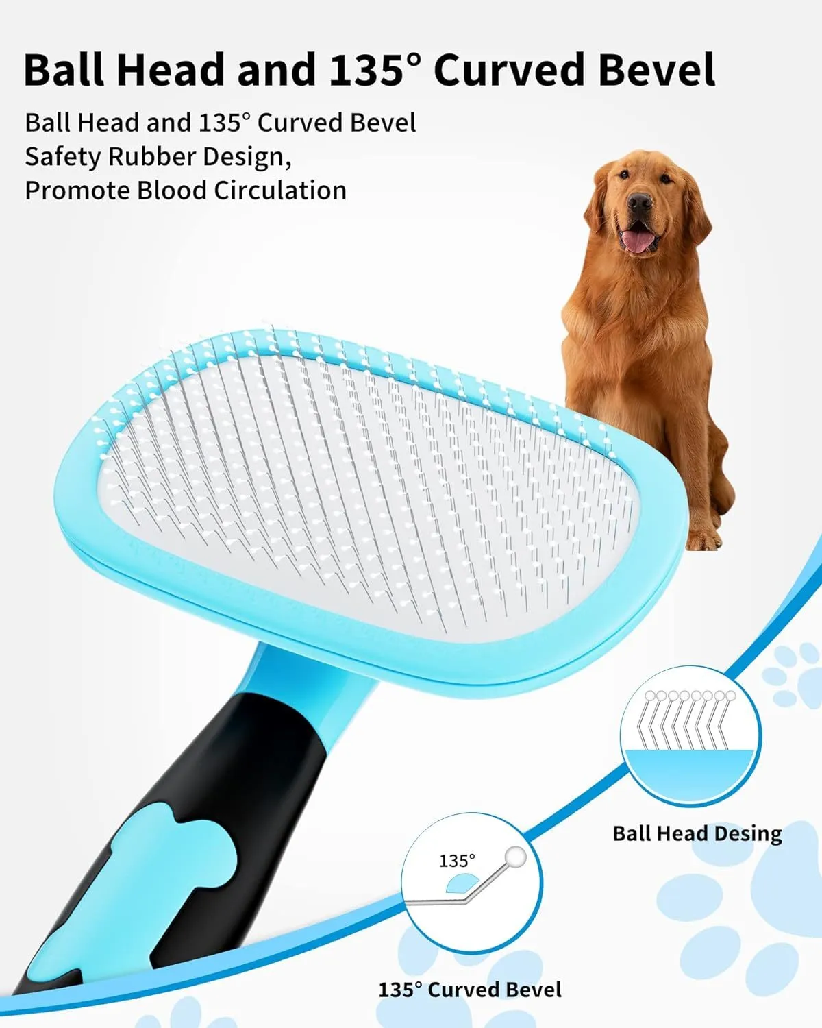 Blue large rectangular pet grooming brush with stainless steel bristles and rubber handle on white background