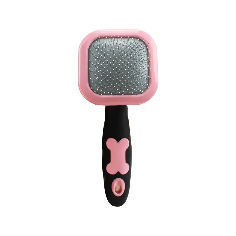Blue large rectangular pet grooming brush with stainless steel bristles and rubber handle on white background