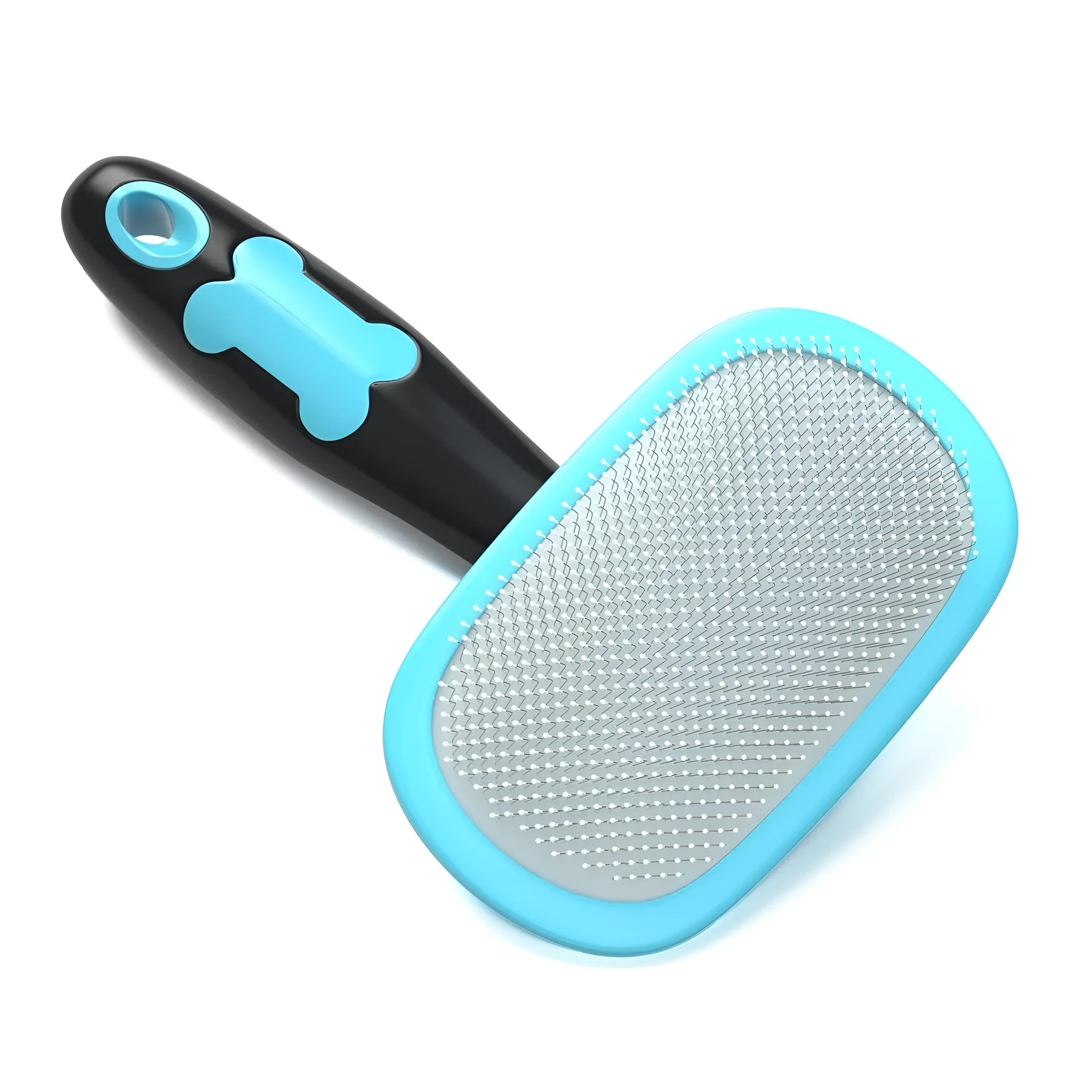 Blue large rectangular pet grooming brush with stainless steel bristles and rubber handle on white background