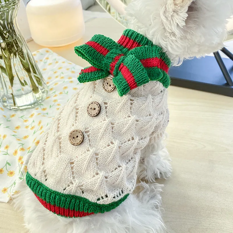 Bowknot hollow knit dog sweater in coffee white on a small dog, lattice pattern shown