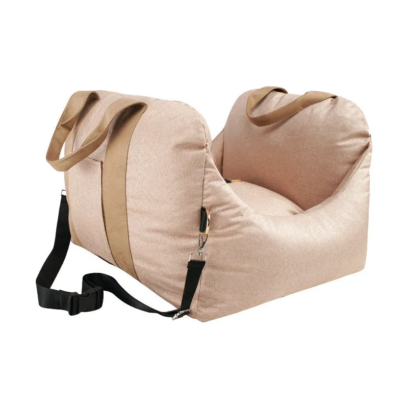 Removable washable cloth pet travel mat in light grey for small dogs and cats under 10kg with adjustable snap buckle