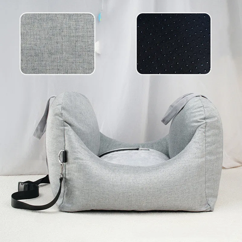 Removable washable cloth pet travel mat in light grey for small dogs and cats under 10kg with adjustable snap buckle