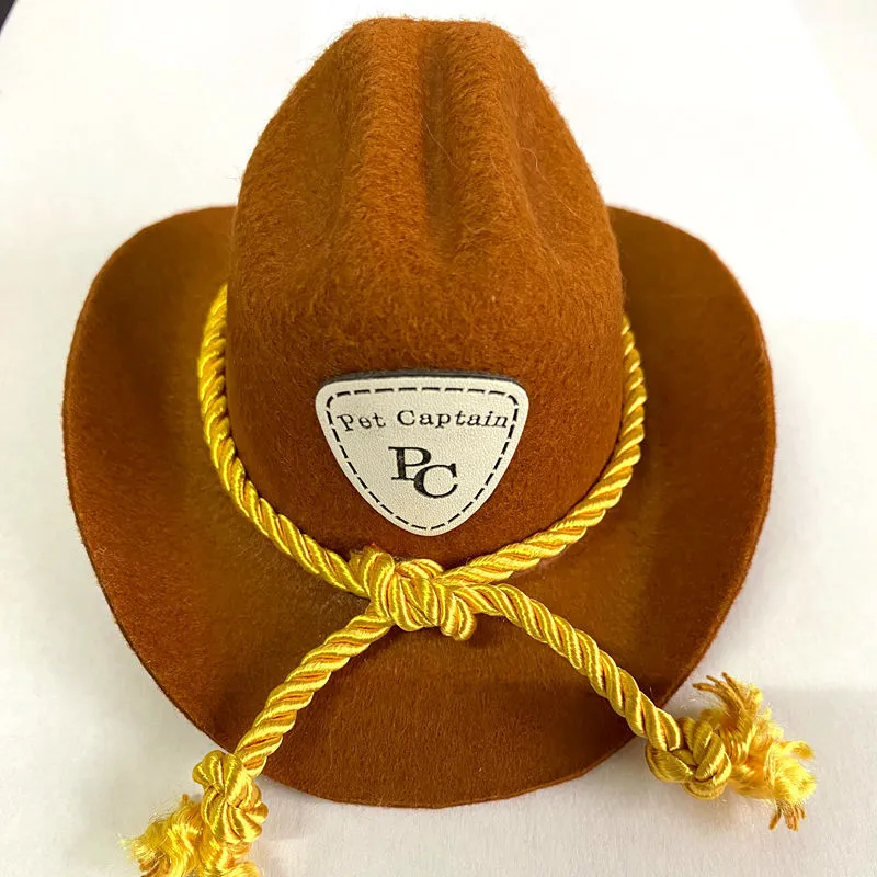 British-style brown cat cowboy hat with decorative trim on a feline model