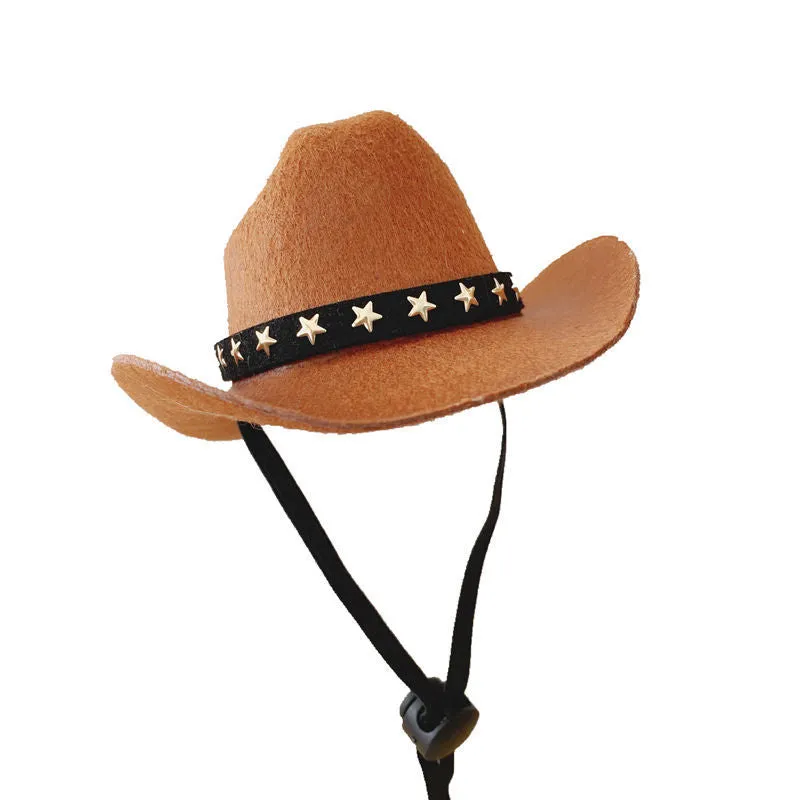 British-style brown cat cowboy hat with decorative trim on a feline model