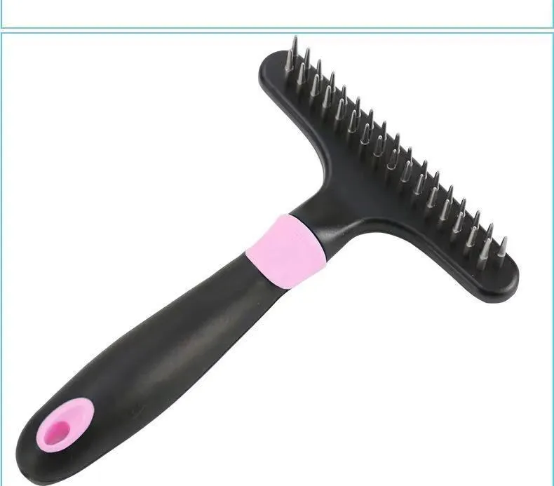 Pet hair removal comb with stainless steel needle in blue and pink colour options for dog grooming