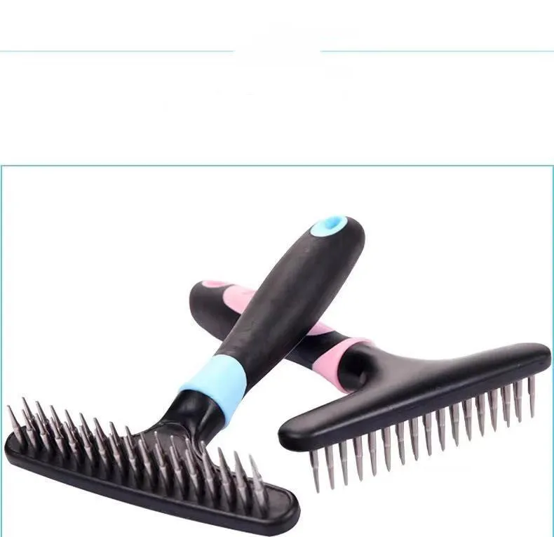 Pet hair removal comb with stainless steel needle in blue and pink colour options for dog grooming