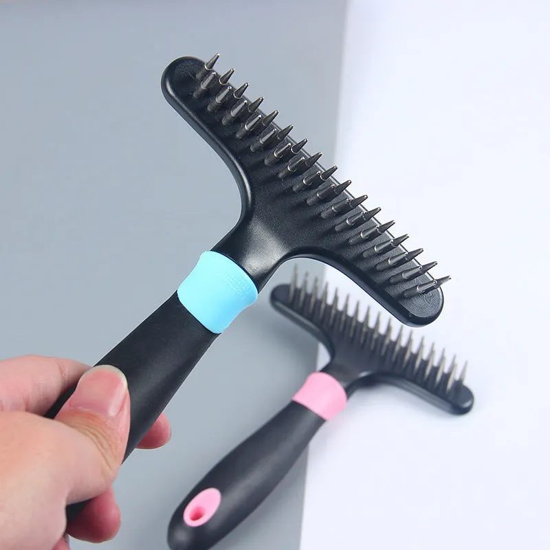 Pet hair removal comb with stainless steel needle in blue and pink colour options for dog grooming