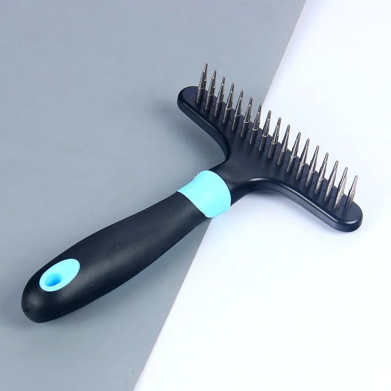 Pet hair removal comb with stainless steel needle in blue and pink colour options for dog grooming