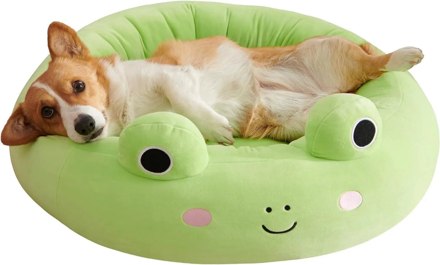 Large Squishmallows plush pet bed in green with bolster edges and non-skid bottom on floor