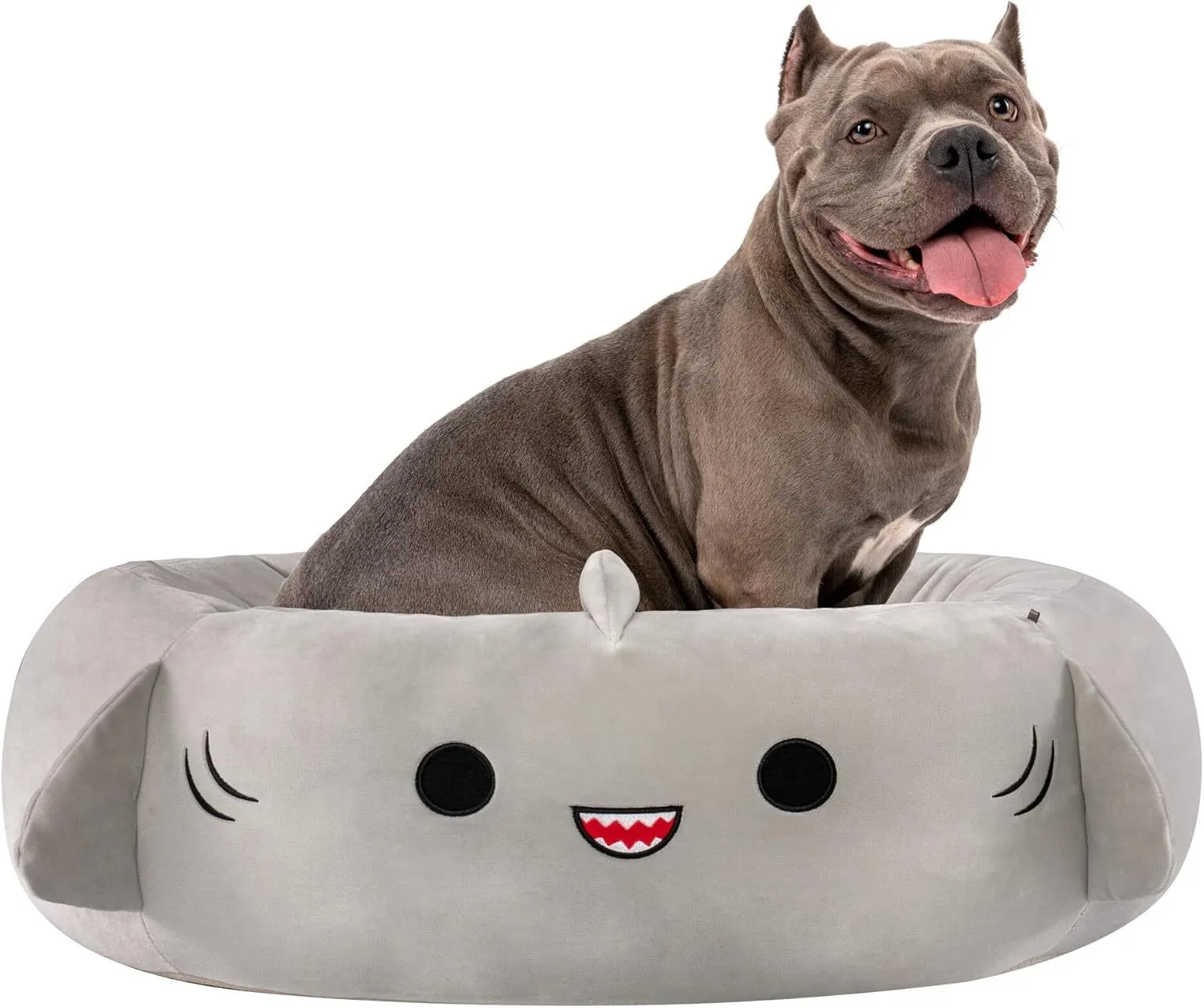 Large Squishmallows plush pet bed in green with bolster edges and non-skid bottom on floor