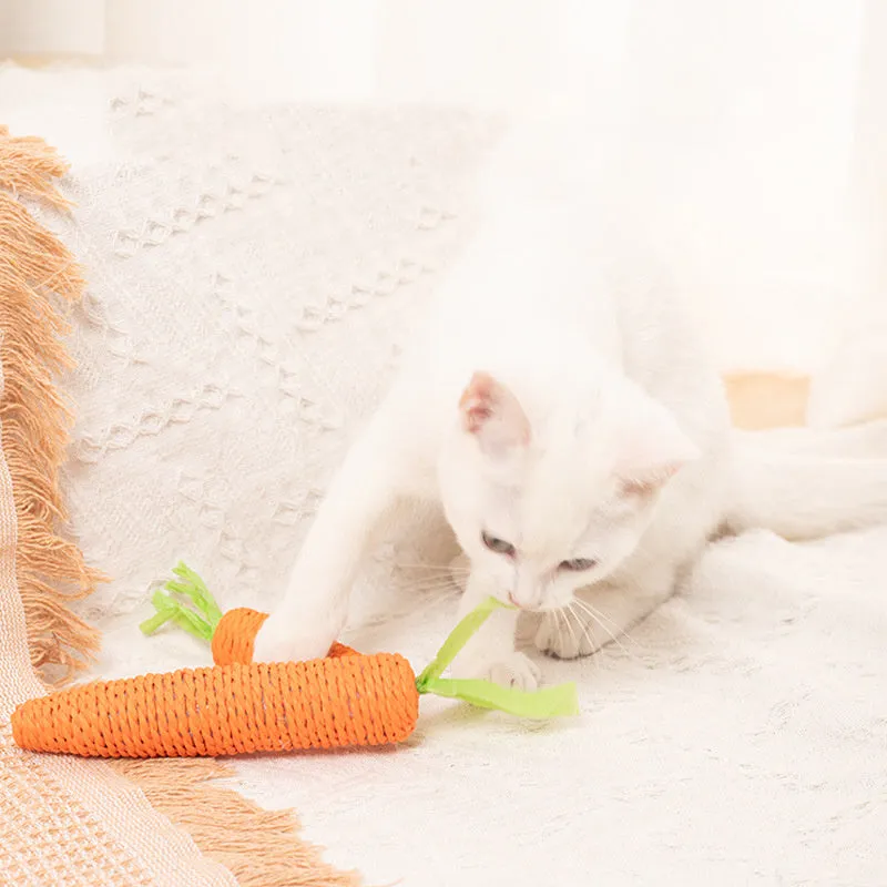 Set of four different cat toys including paper crinkle toys, ringing stones, textured sticks, and tooth grinding sticks