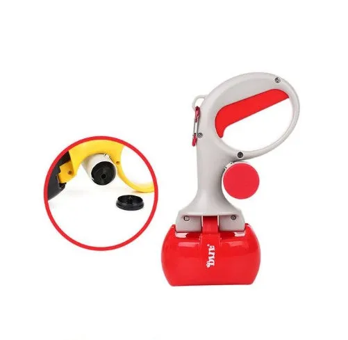 Yellow 2 in 1 portable pet toilet picker made from ABS plastic with curved hand grip and tooth-shaped notches on a white background