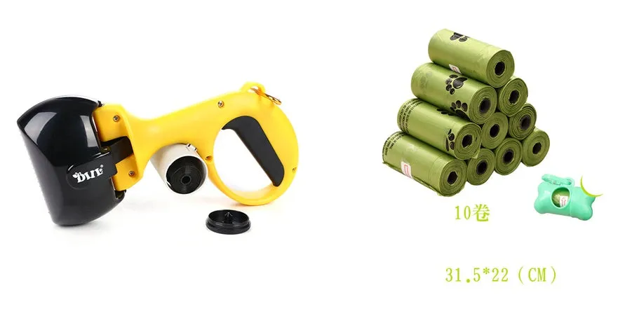 Yellow 2 in 1 portable pet toilet picker made from ABS plastic with curved hand grip and tooth-shaped notches on a white background