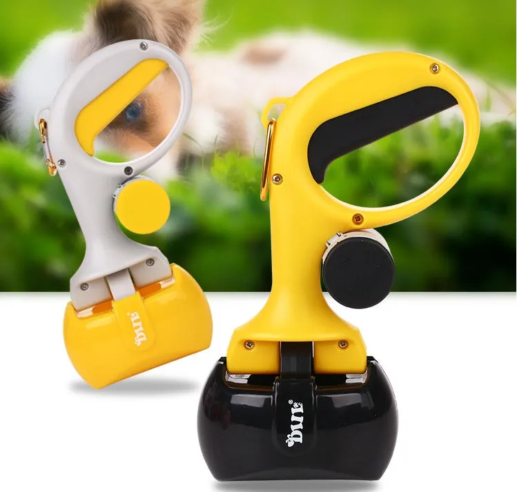 Yellow 2 in 1 portable pet toilet picker made from ABS plastic with curved hand grip and tooth-shaped notches on a white background