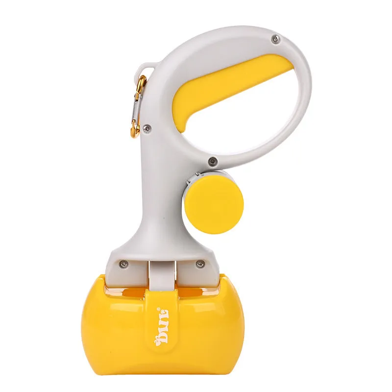 Yellow 2 in 1 portable pet toilet picker made from ABS plastic with curved hand grip and tooth-shaped notches on a white background