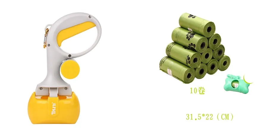 Yellow 2 in 1 portable pet toilet picker made from ABS plastic with curved hand grip and tooth-shaped notches on a white background
