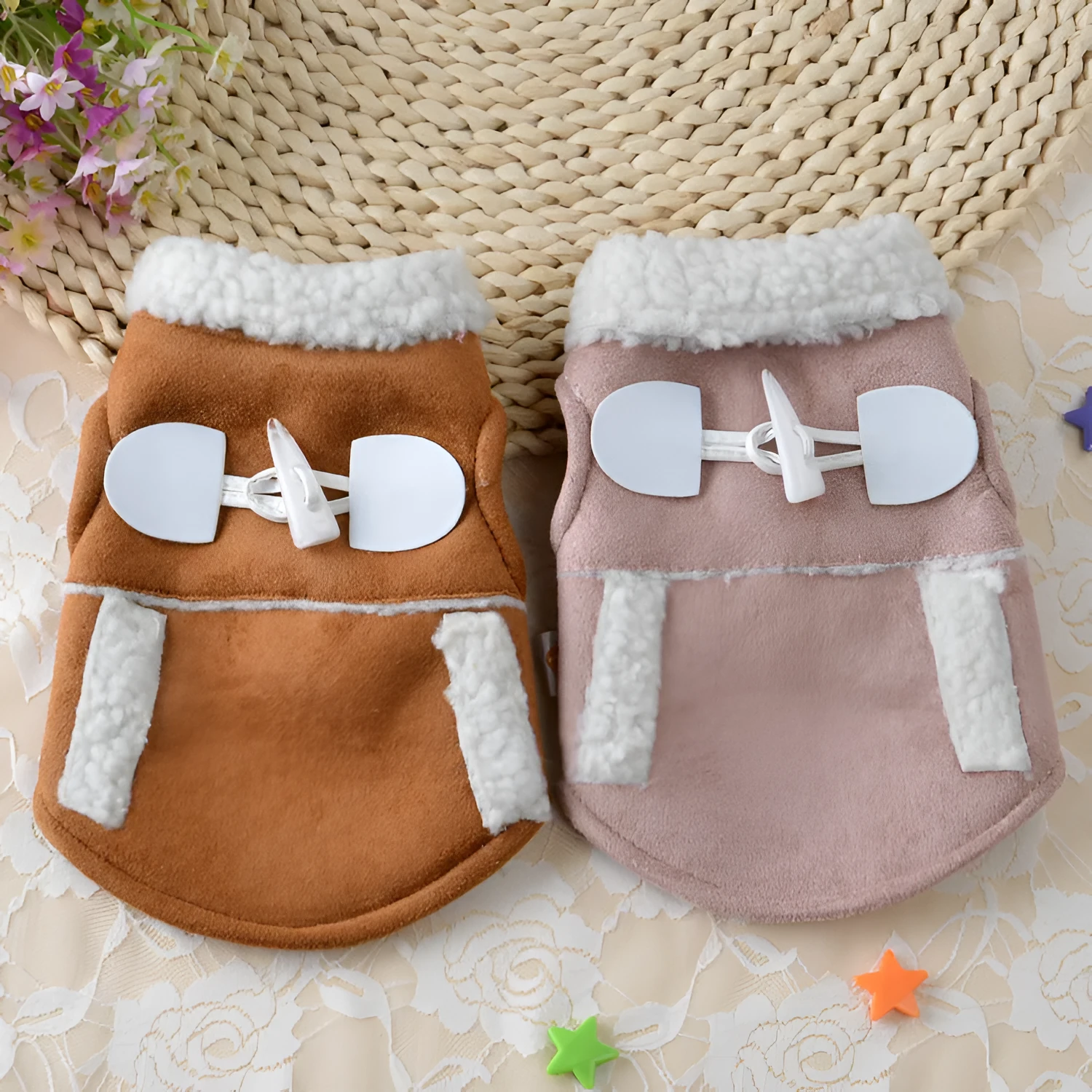 Brown lamb velvet teddy dog costume on small breed dog, front view showing pullover style and soft pile texture
